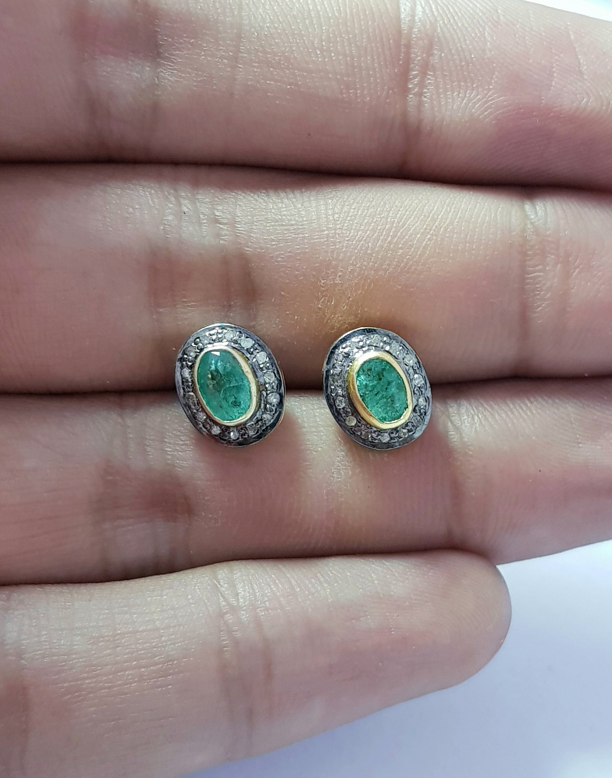 Very Beautiful Emerald Diamond Earring Rosecut Pave Diamond Stud Earrings 925 Sterling Silver Handmade Silver Finish Diamond Stud Earrings