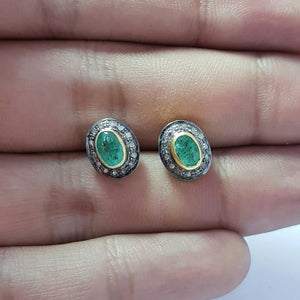 Very Beautiful Emerald Diamond Earring Rosecut Pave Diamond Stud Earrings 925 Sterling Silver Handmade Silver Finish Diamond Stud Earrings