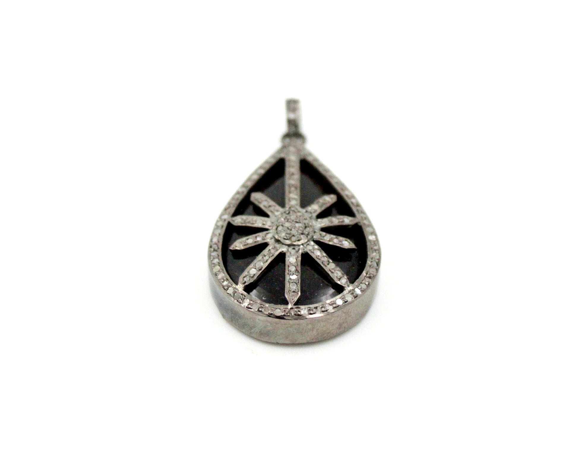 Teardrop starburst black stone designer Rosecut pave diamond pendant 925 sterling silver handmade finish diamond jewelry necklace pendant