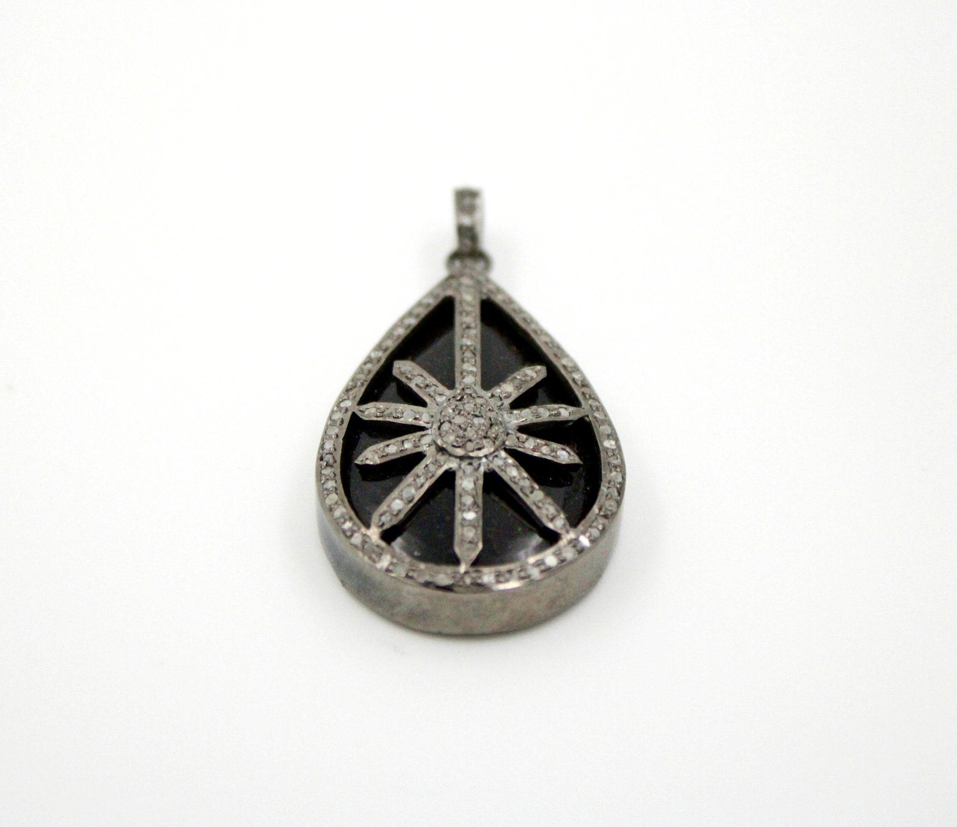 Teardrop starburst black stone designer Rosecut pave diamond pendant 925 sterling silver handmade finish diamond jewelry necklace pendant