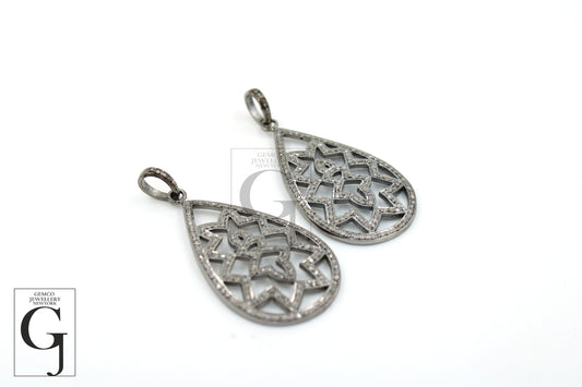 Beautiful teardrop designer flower pendant Rosecut pave diamond pendant 925 sterling silver handmade finish diamond jewelry necklace pendant