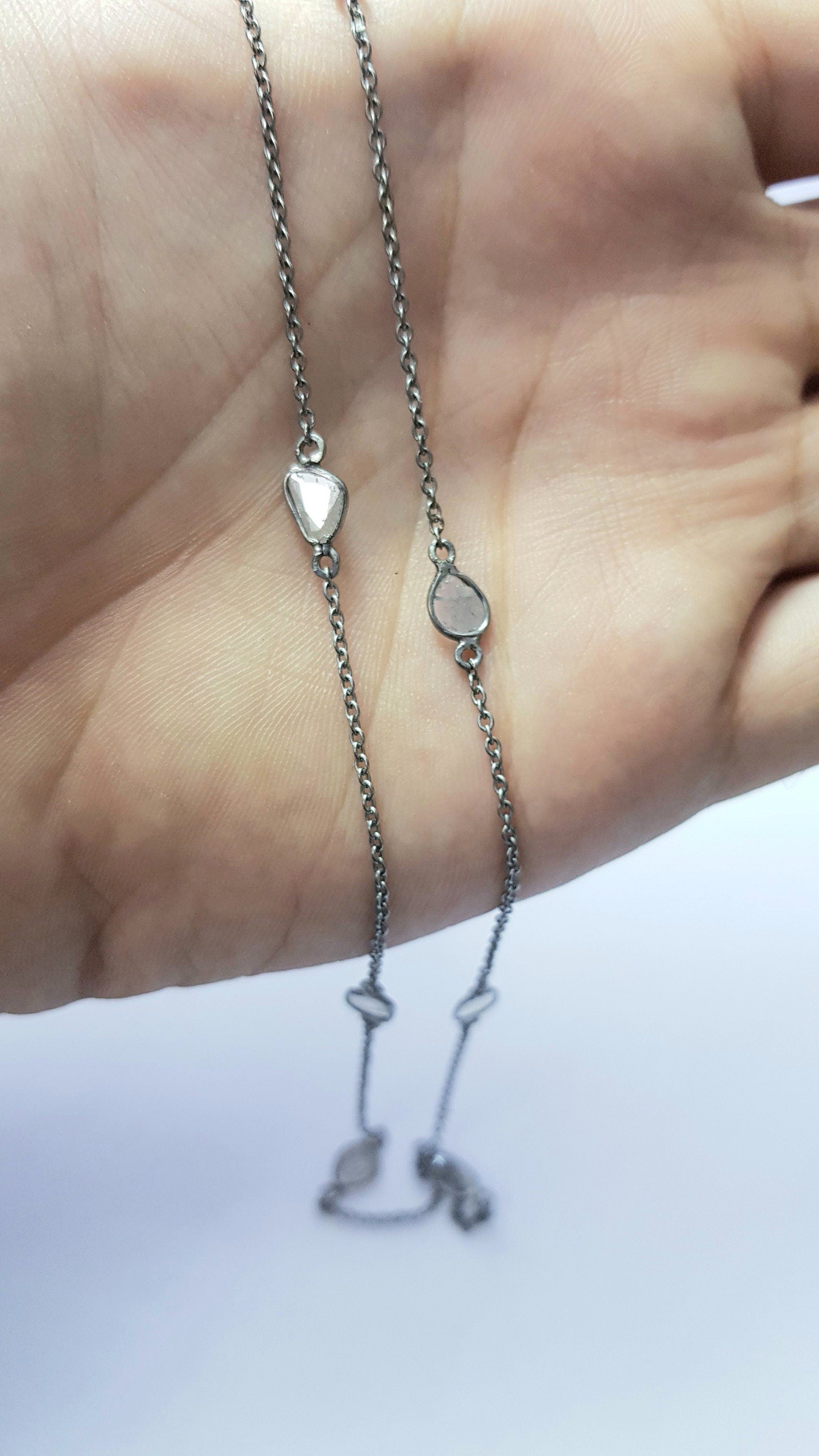 Antique finish oxidized and vermail Gold  925 sterling silver handmade slice polki diamond Flat diamond paper diamond chains necklace chains
