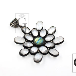 Healing crystal labradorite flower designer Rosecut pave diamond pendant 925 sterling silver handmade finish diamond necklace pendant