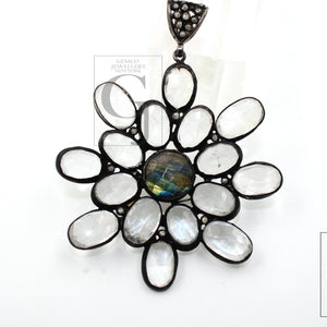 Healing crystal labradorite flower designer Rosecut pave diamond pendant 925 sterling silver handmade finish diamond necklace pendant