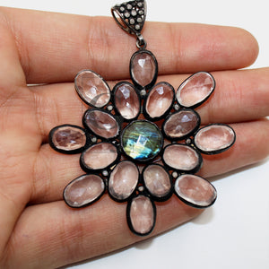 Healing crystal labradorite flower designer Rosecut pave diamond pendant 925 sterling silver handmade finish diamond necklace pendant