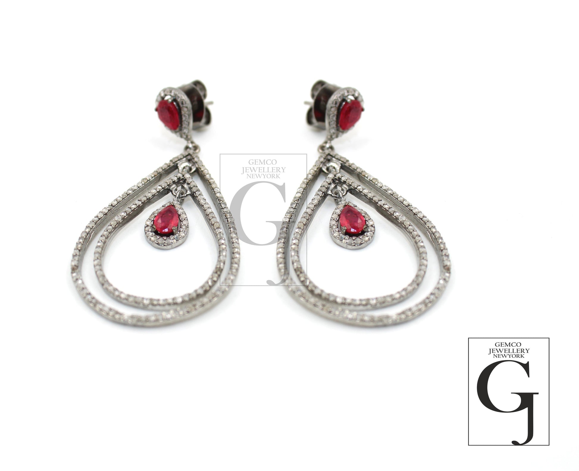 Fashionable ruby designer earring Rosecut pave diamond earrings 925 sterling silver handmade silver finish  diamond earrings