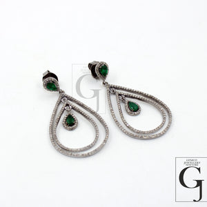 Fashionable Emerald designer earring Rosecut pave diamond earrings 925 sterling silver handmade silver finish sapphire diamond earrings