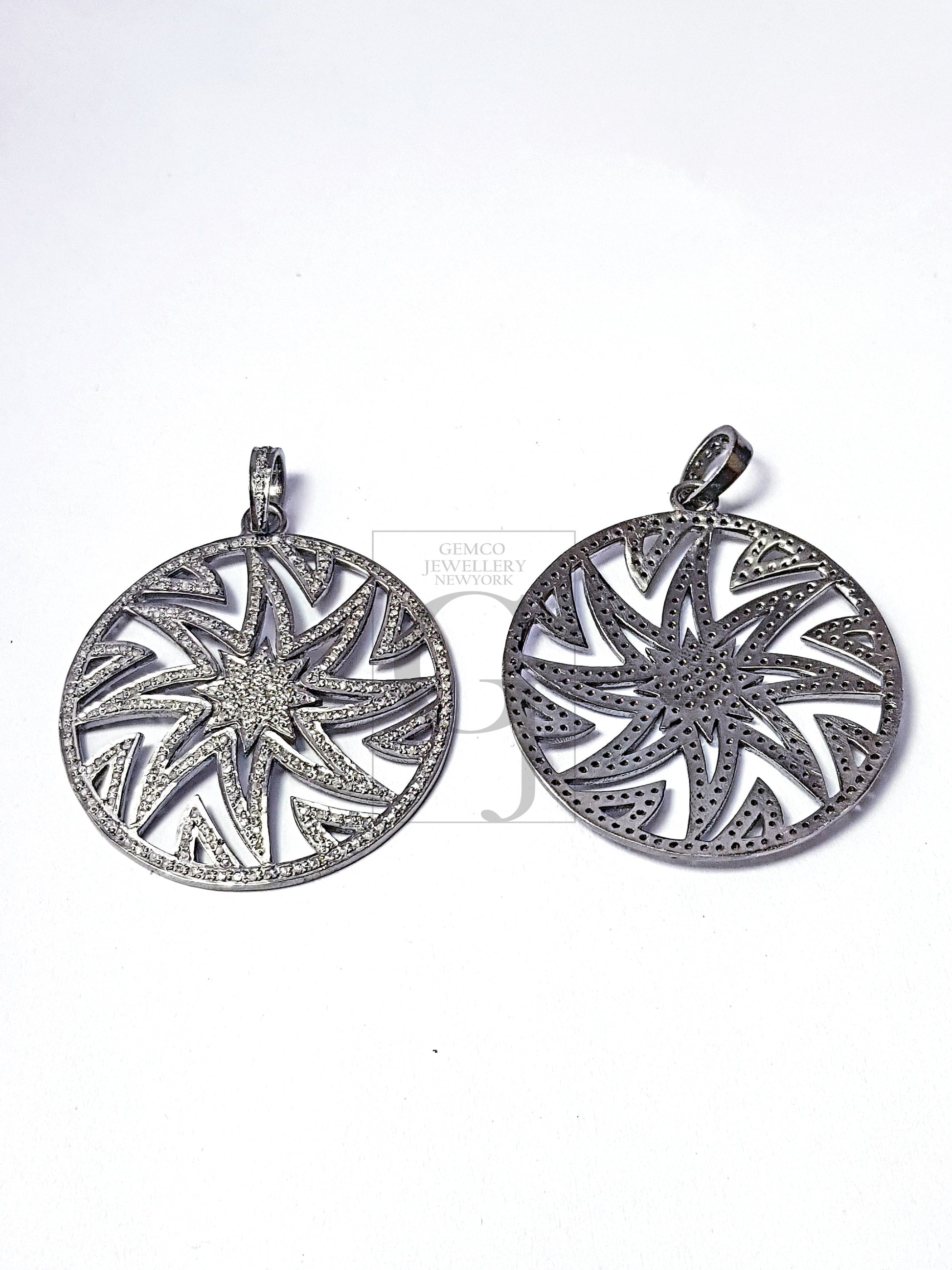 Round sunburst Rocecut pave diamond pendant 925 sterling silver handmade finish diamond jewelry Indian diamond pendant