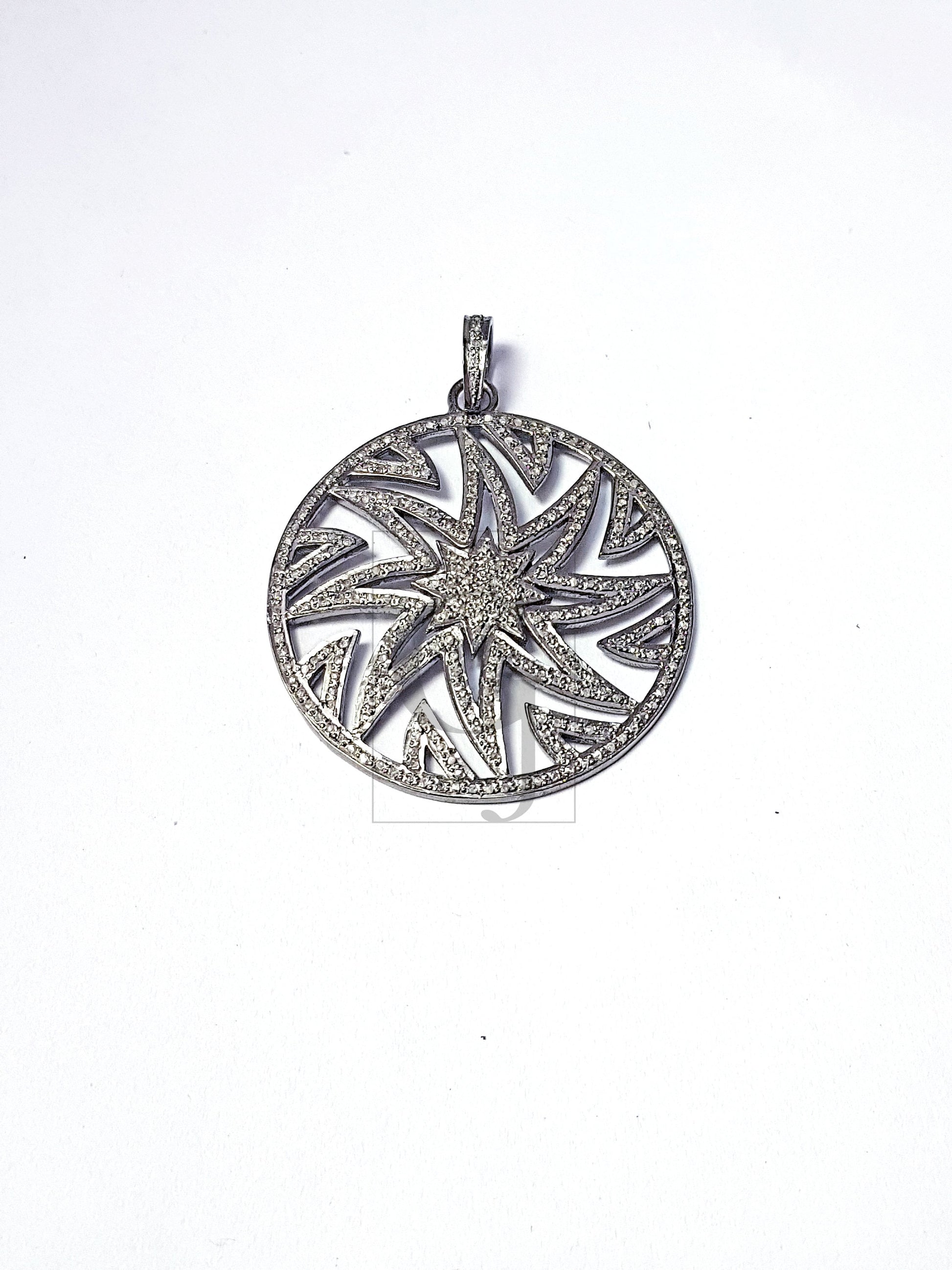 Round sunburst Rocecut pave diamond pendant 925 sterling silver handmade finish diamond jewelry Indian diamond pendant