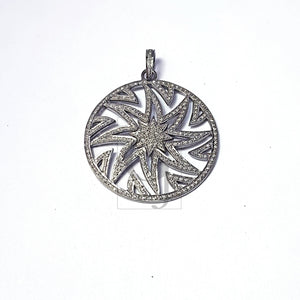 Round sunburst Rocecut pave diamond pendant 925 sterling silver handmade finish diamond jewelry Indian diamond pendant