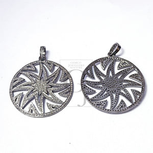 Round sunburst Rocecut pave diamond pendant 925 sterling silver handmade finish diamond jewelry Indian diamond pendant