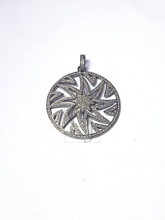 Round sunburst Rocecut pave diamond pendant 925 sterling silver handmade finish diamond jewelry Indian diamond pendant