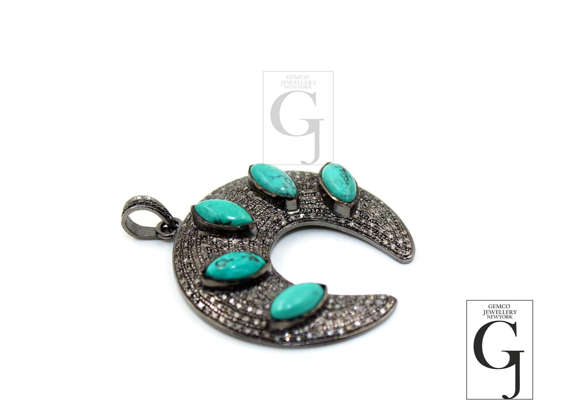 Antique Look Turquoise Crescent Moon Designer Pendant Rosecut Pave Diamond Pendant 925 Sterling Silver Handmade Finish Diamond Jewelry