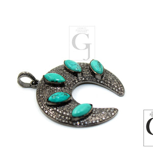 Antique Look Turquoise Crescent Moon Designer Pendant Rosecut Pave Diamond Pendant 925 Sterling Silver Handmade Finish Diamond Jewelry