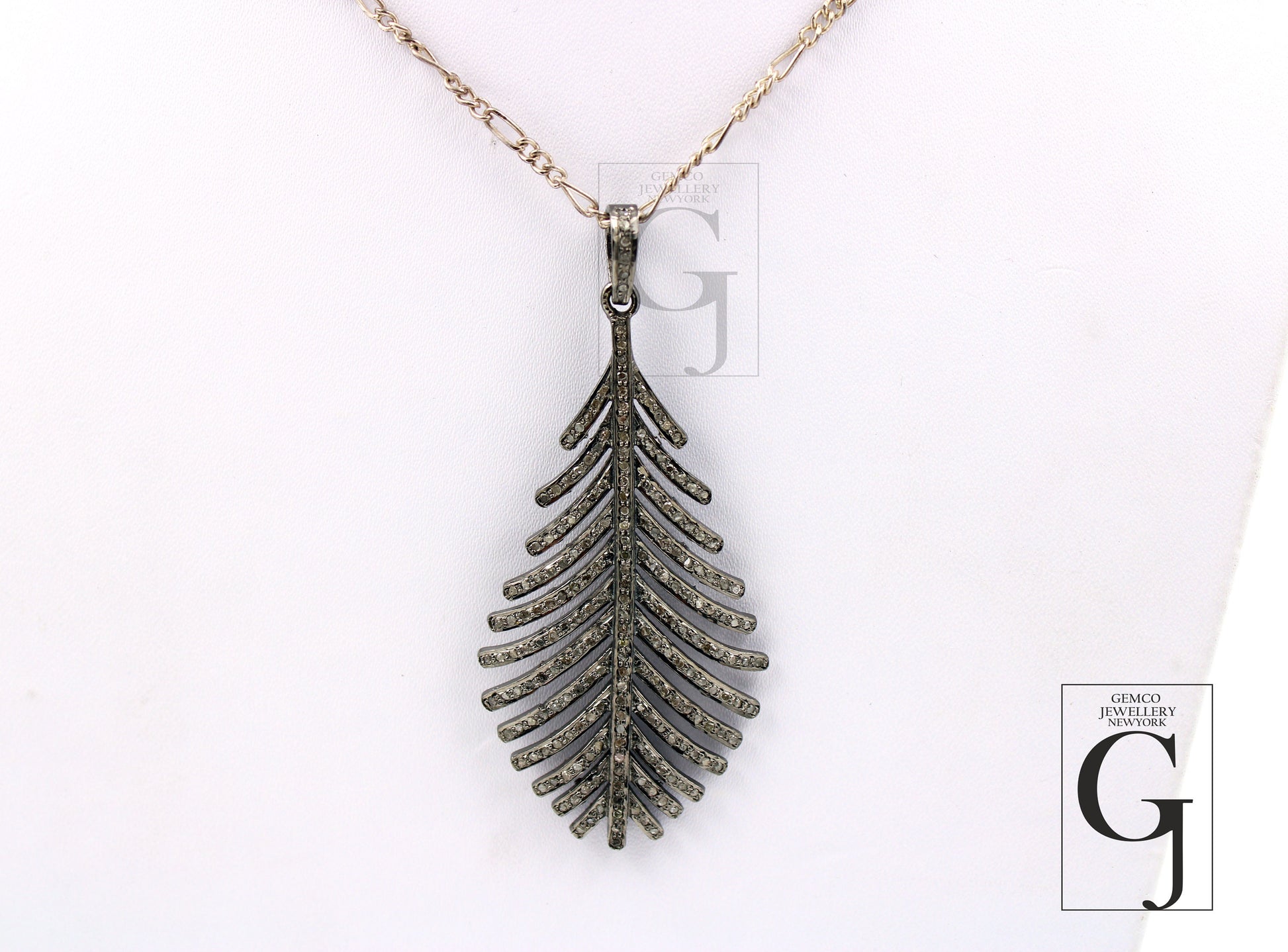 Antique Look Oxidized Leaf Designer Pendant Rosecut Pave Diamond Pendant 925 Sterling Silver Handmade Finish Diamond Charms Necklace Pendant