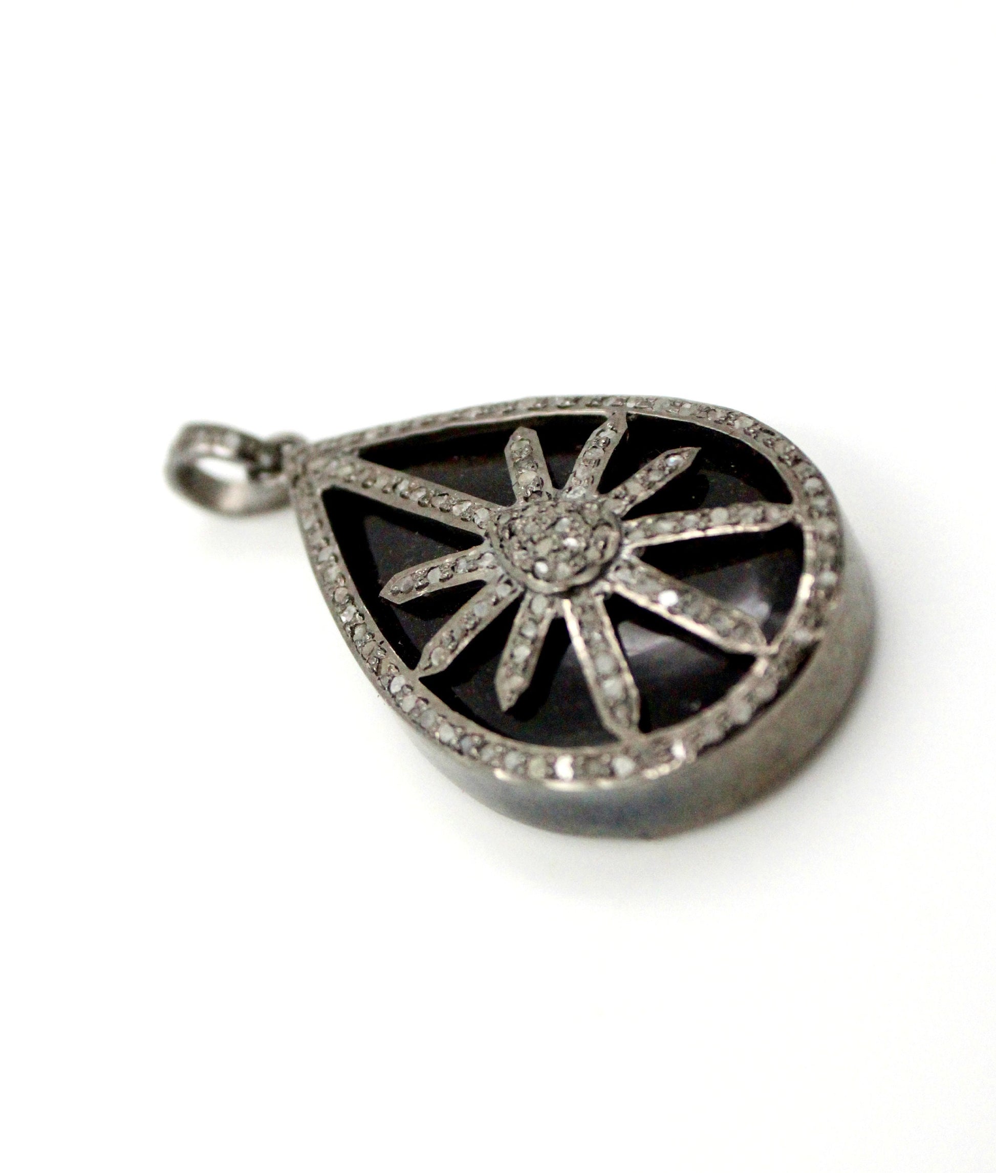 Teardrop starburst black stone designer Rosecut pave diamond pendant 925 sterling silver handmade finish diamond jewelry necklace pendant