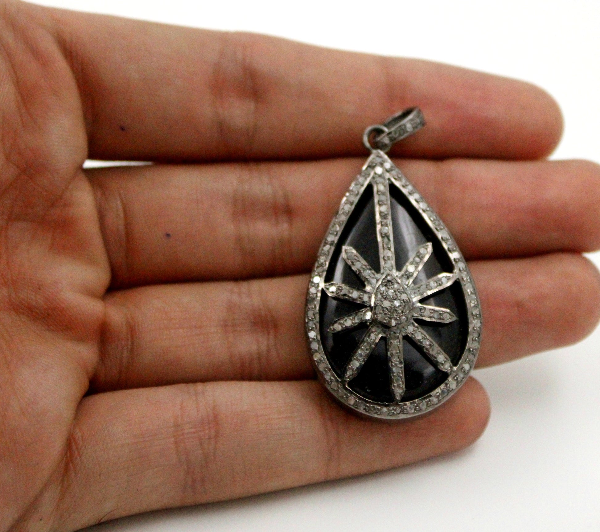 Teardrop starburst black stone designer Rosecut pave diamond pendant 925 sterling silver handmade finish diamond jewelry necklace pendant