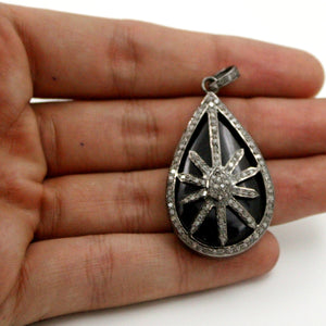 Teardrop starburst black stone designer Rosecut pave diamond pendant 925 sterling silver handmade finish diamond jewelry necklace pendant