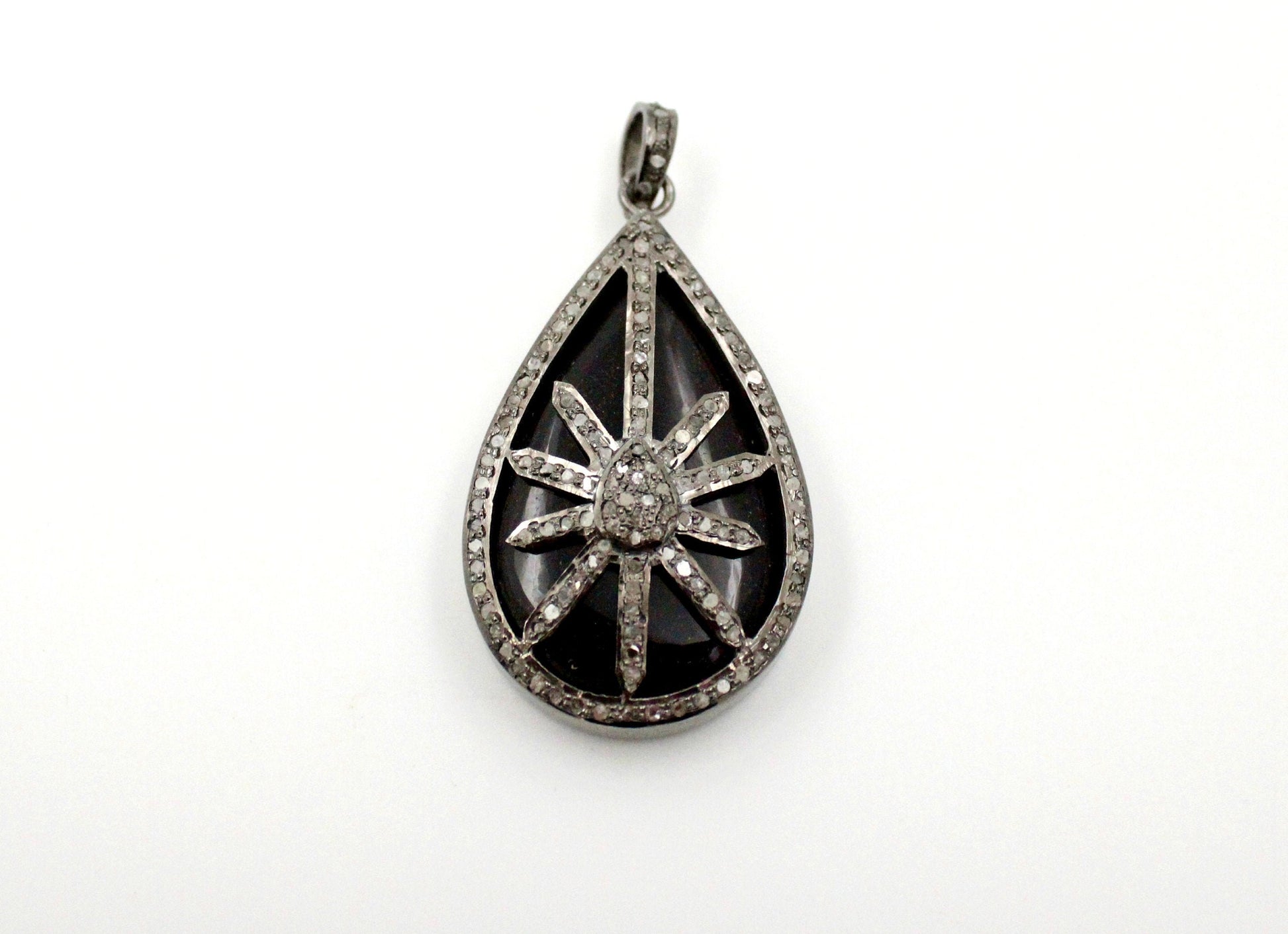 Teardrop starburst black stone designer Rosecut pave diamond pendant 925 sterling silver handmade finish diamond jewelry necklace pendant
