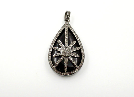 Teardrop starburst black stone designer Rosecut pave diamond pendant 925 sterling silver handmade finish diamond jewelry necklace pendant
