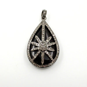 Teardrop starburst black stone designer Rosecut pave diamond pendant 925 sterling silver handmade finish diamond jewelry necklace pendant