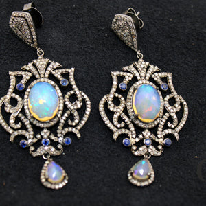 Natural opal with blue sapphire very high quality brilliant Rosecut pave diamond earrings 925 sterling silver finish opal diamond earrings