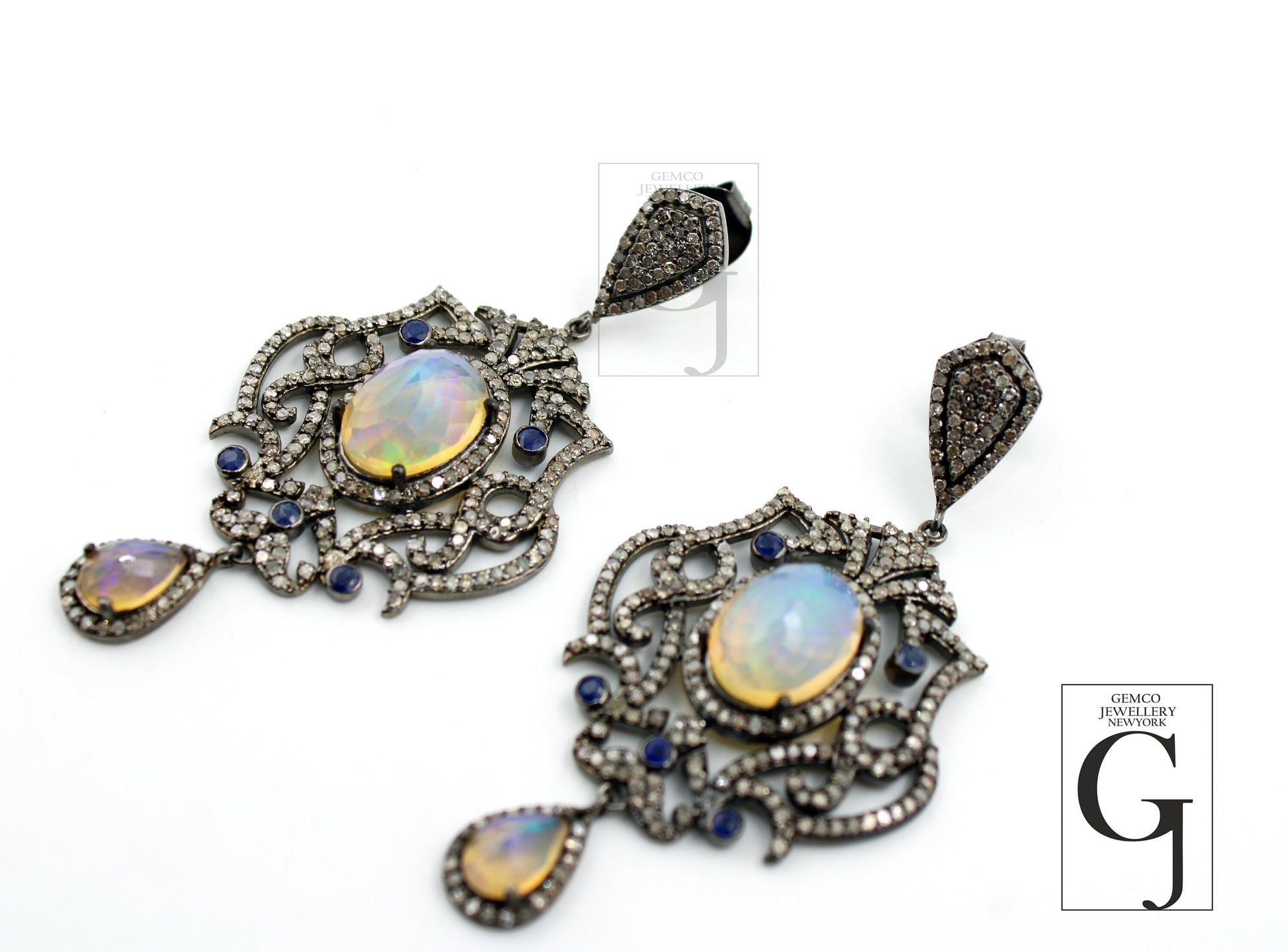 Natural opal with blue sapphire very high quality brilliant Rosecut pave diamond earrings 925 sterling silver finish opal diamond earrings