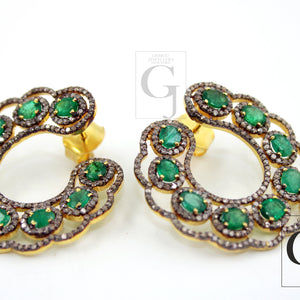 14k Gold Emerald Designer Earring Rosecut Pave Diamond Earrings 925 Sterling Silver Handmade Silver Finish Emerald Diamond Earrings