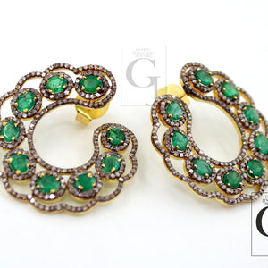 14k Gold Emerald Designer Earring Rosecut Pave Diamond Earrings 925 Sterling Silver Handmade Silver Finish Emerald Diamond Earrings