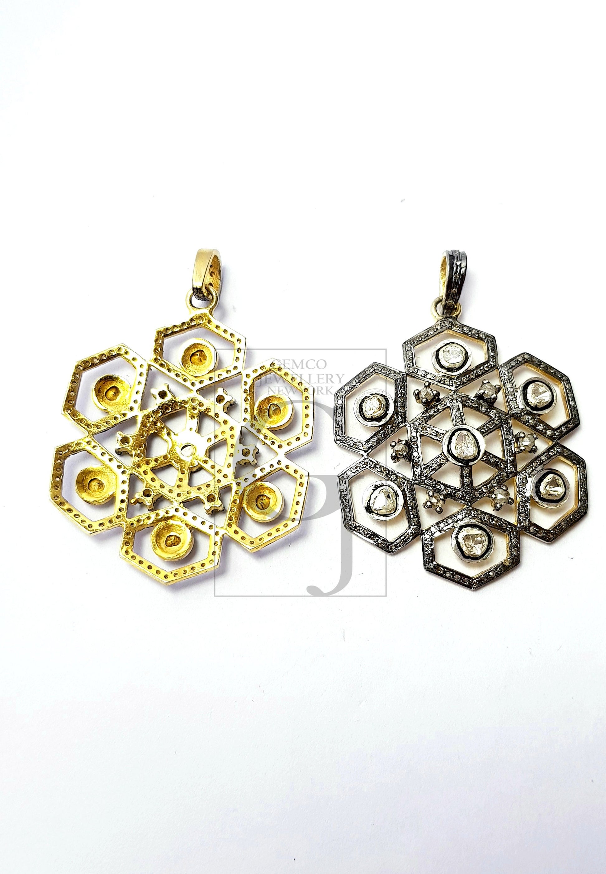 Beautiful Flower Designer Rosecut Pave Diamond Pendant 925 Sterling Silver Handmade Finish Flat Diamond Pendant Jewelry