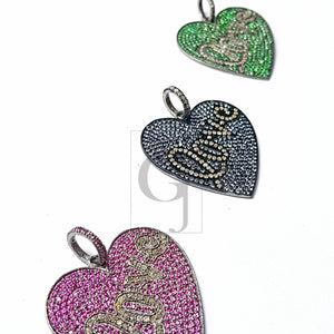 Beautiful Gift Heart Love Design Pink/Green/Purple Stone Pave Diamond Rosecut Pendant 925 Sterling Silver Handmade Diamond Pendant