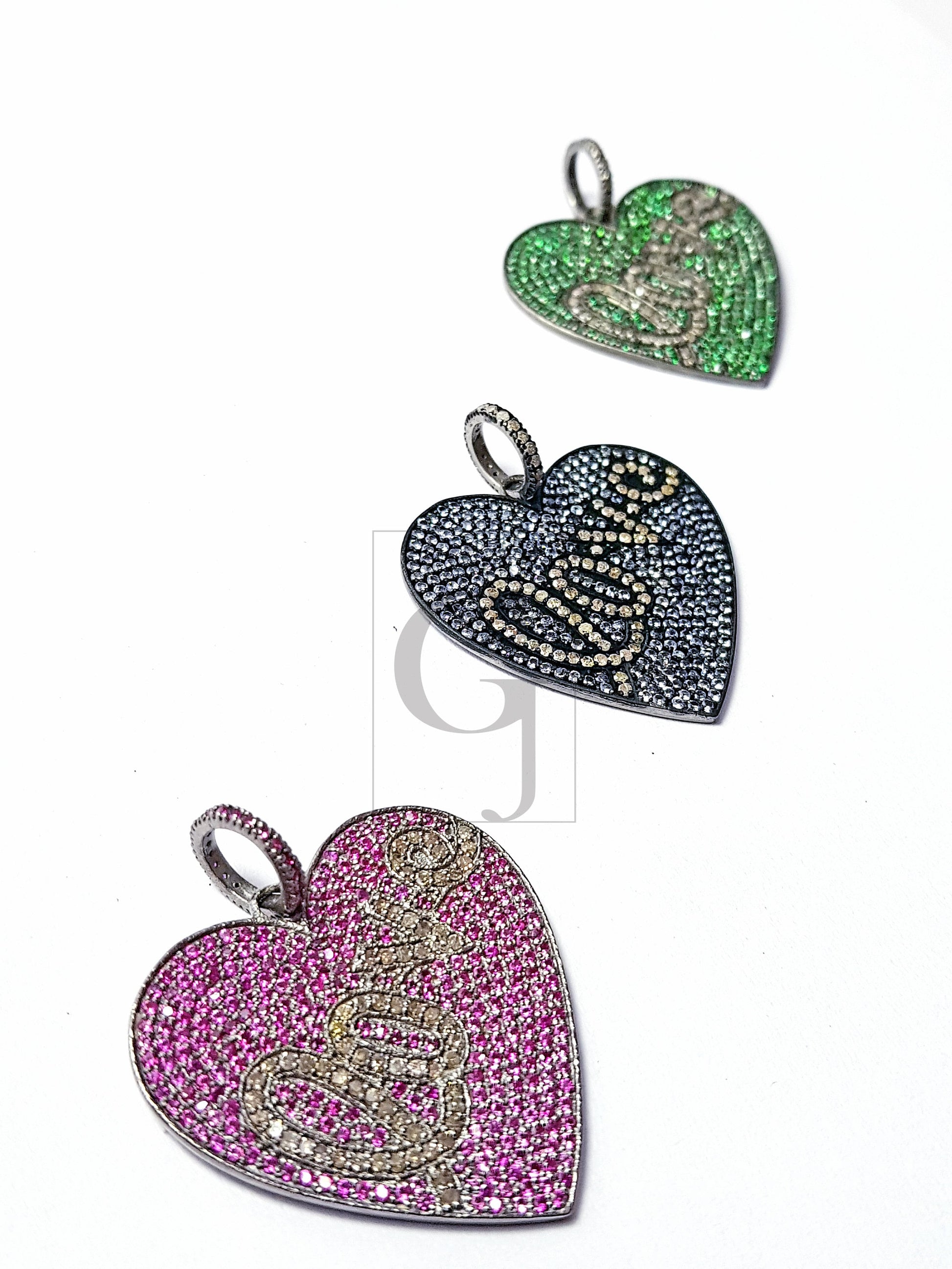 Beautiful Gift Heart Love Design Pink/Green/Purple Stone Pave Diamond Rosecut Pendant 925 Sterling Silver Handmade Diamond Pendant