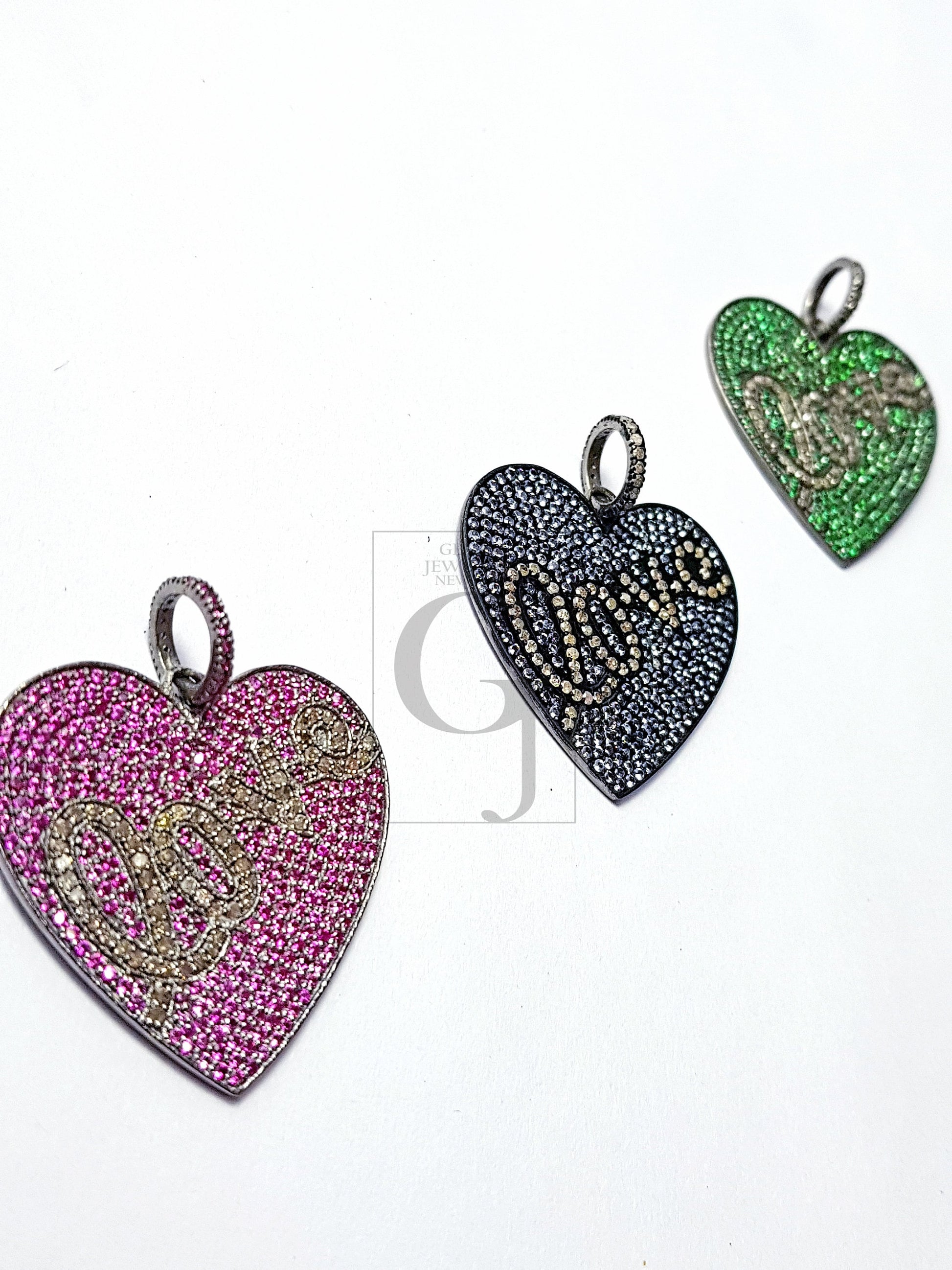 Beautiful Gift Heart Love Design Pink/Green/Purple Stone Pave Diamond Rosecut Pendant 925 Sterling Silver Handmade Diamond Pendant