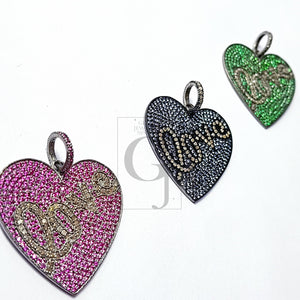 Beautiful Gift Heart Love Design Pink/Green/Purple Stone Pave Diamond Rosecut Pendant 925 Sterling Silver Handmade Diamond Pendant