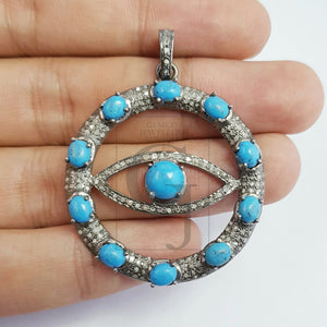 Round oxidized  evil eye design  Rose cut pave diamond pendant 925 sterling silver handmade finish diamond color stone jewelry supplies