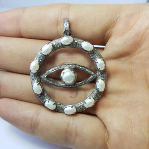 Round oxidized  evil eye design  Rose cut pave diamond pendant 925 sterling silver handmade finish diamond color stone jewelry supplies