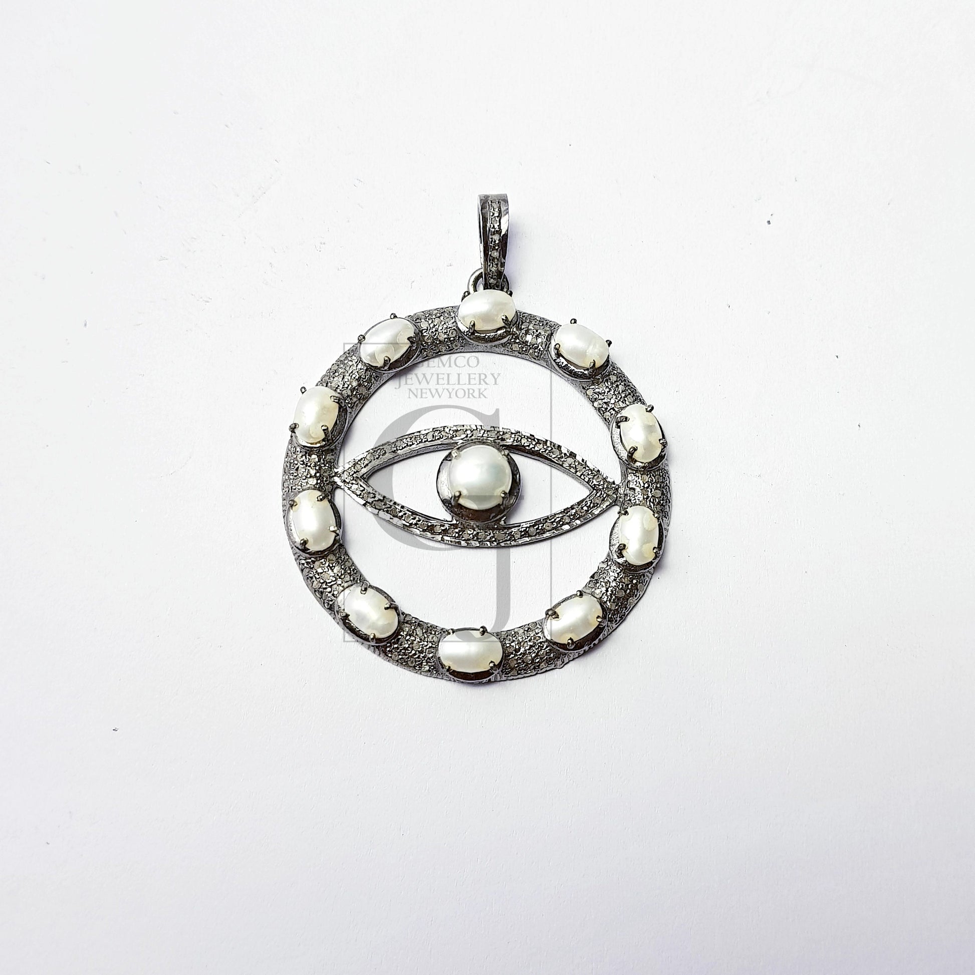 Round oxidized  evil eye design  Rose cut pave diamond pendant 925 sterling silver handmade finish diamond color stone jewelry supplies