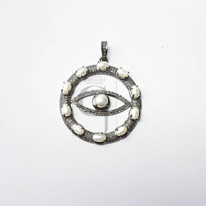 Round oxidized  evil eye design  Rose cut pave diamond pendant 925 sterling silver handmade finish diamond color stone jewelry supplies