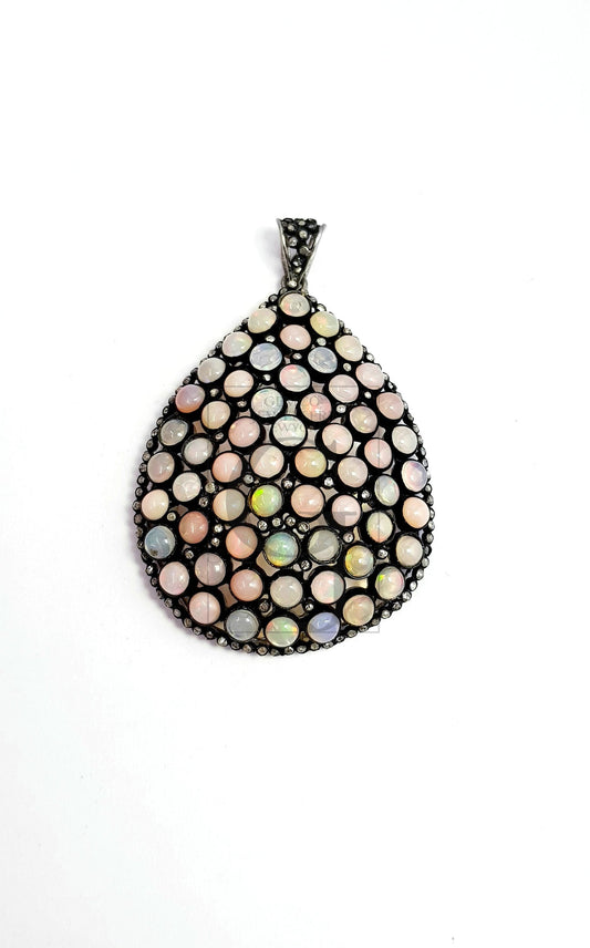 Very Beautiful Designer Teardrop Shaped Natural Fine Opal Rosecut Pave Diamond Pendant 925 Sterling Silver Handmade Diamond Pendant Jewelry
