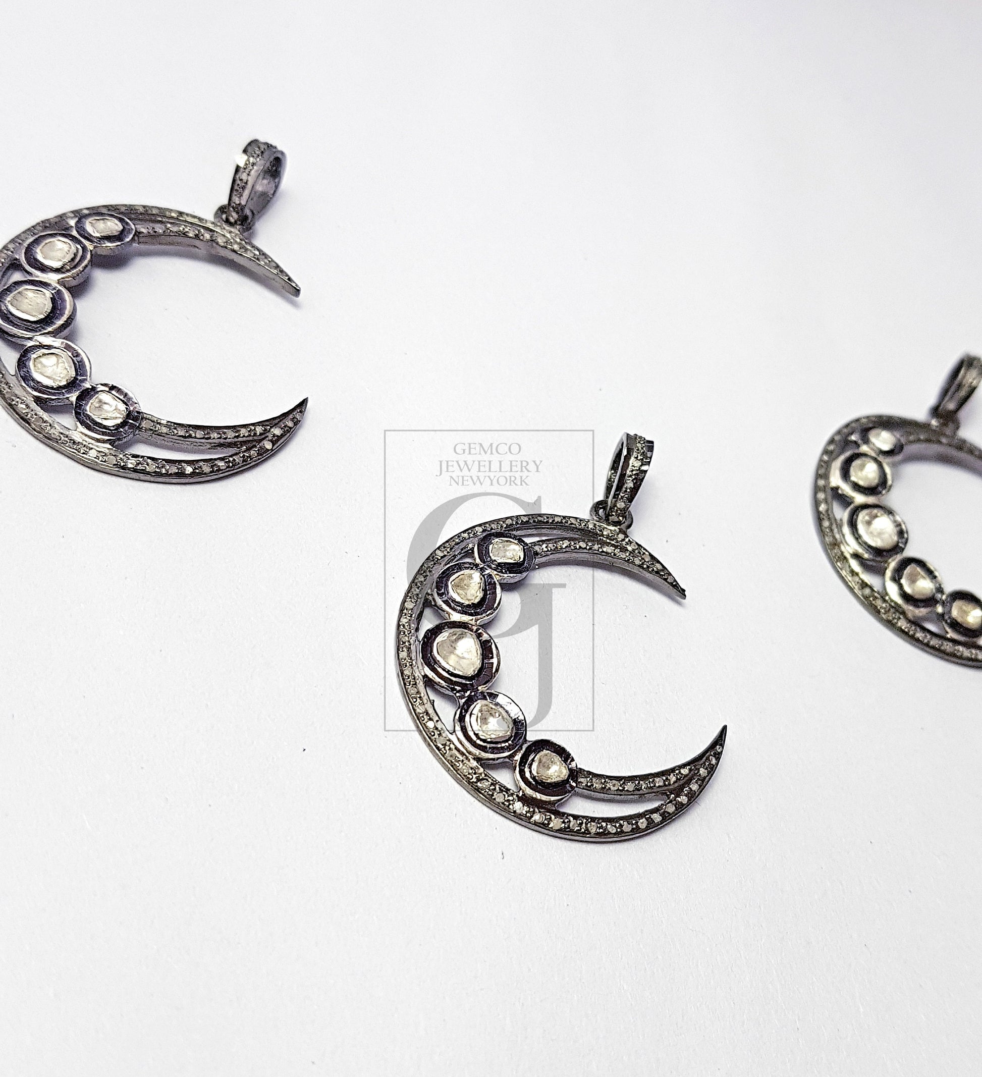 Very Beautiful Crescent Moon Design Flat Diamond Pave Diamond Rosecut Pendant 925 Sterling Silver Pendant Handmade Diamond Pendant