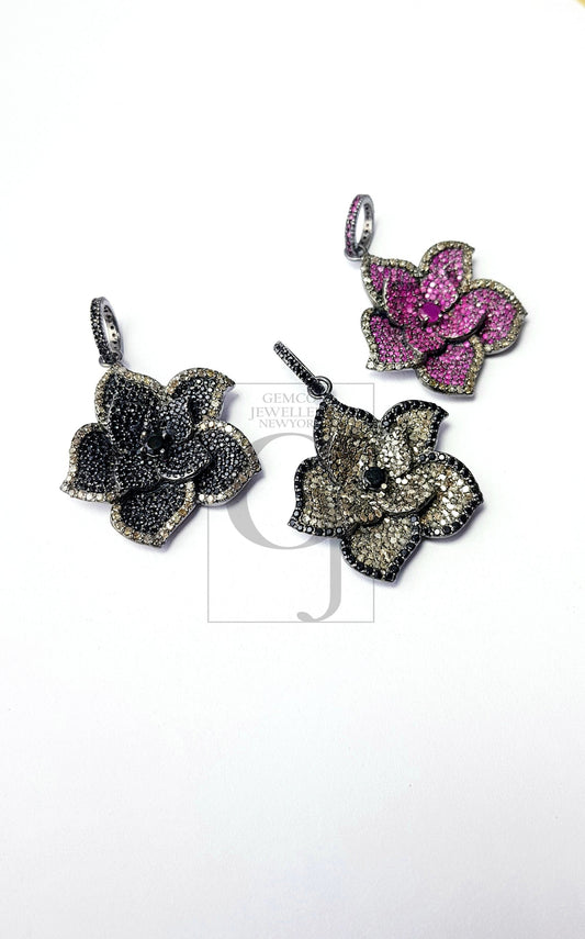 Antique Look Beautiful Flower Design Rosecut Pave Diamond Pendant 925 Sterling Silver Handmade Ruby , Black Stone Diamond Pendant Jewelry