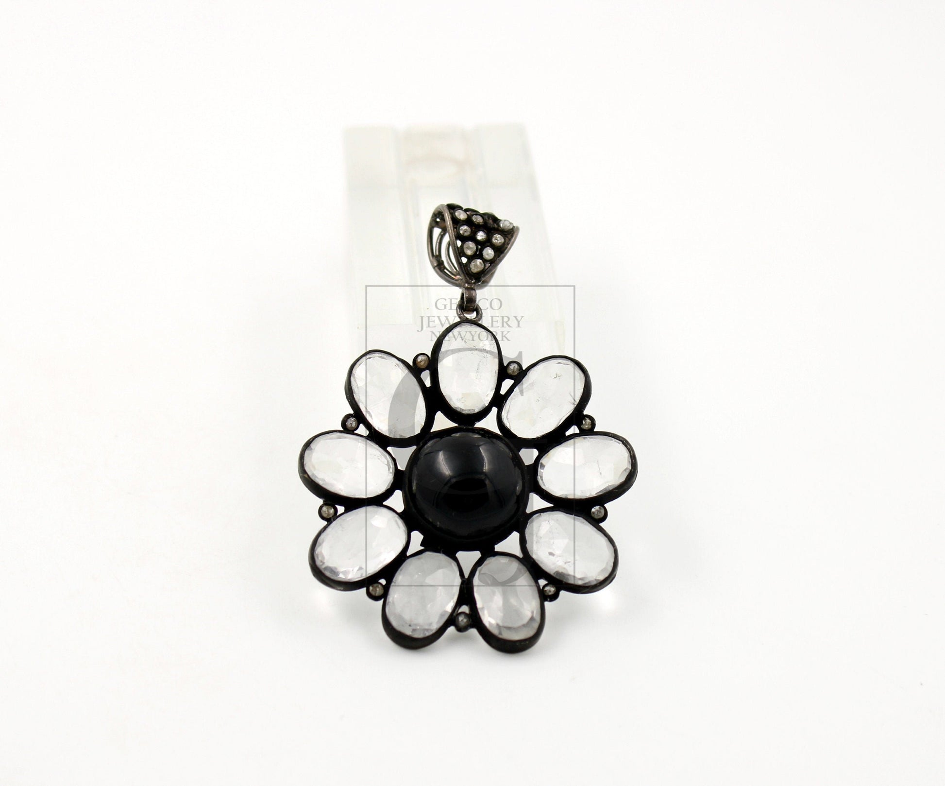 One of a kind Black stone flower designer Rosecut pave diamond pendant 925 sterling silver handmade finish diamond necklace crystal pendant