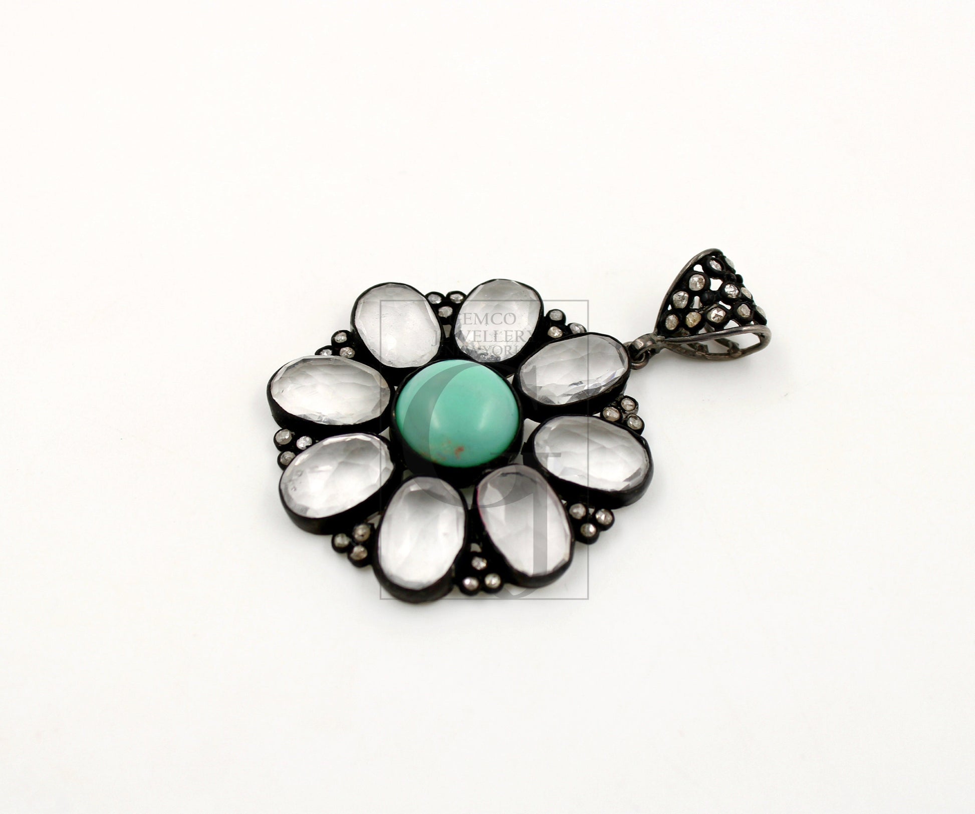 Beautiful Green Chrysoprase Flower Pendant Rosecut Pave Diamond Pendant 925 Sterling Silver Handmade Finish Diamond Necklace Crystal Pendant