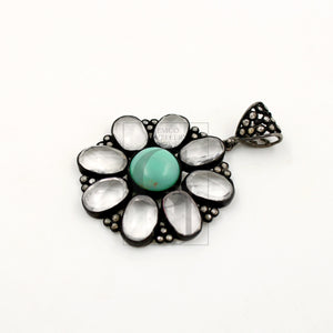 Beautiful Green Chrysoprase Flower Pendant Rosecut Pave Diamond Pendant 925 Sterling Silver Handmade Finish Diamond Necklace Crystal Pendant