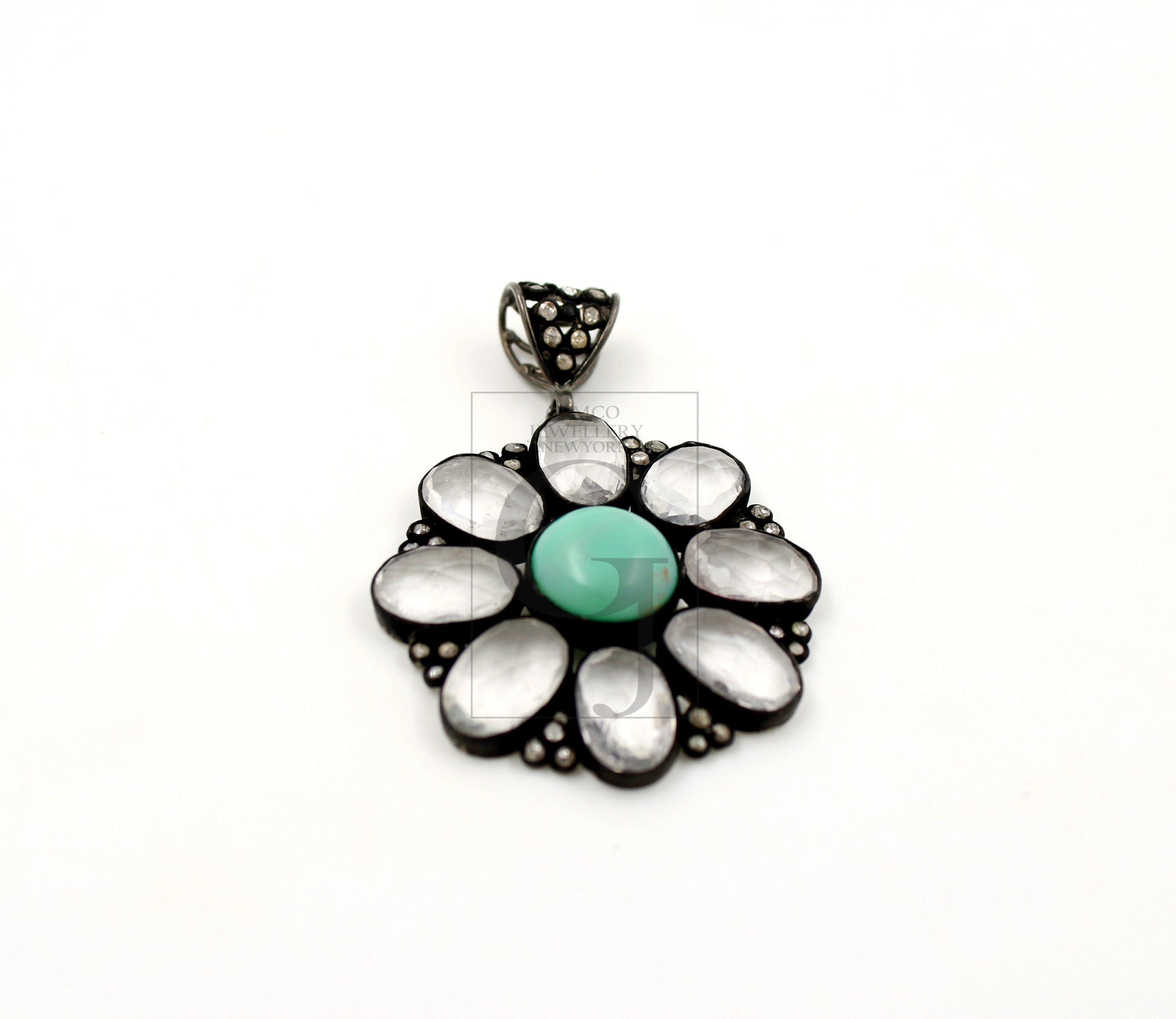 Beautiful Green Chrysoprase Flower Pendant Rosecut Pave Diamond Pendant 925 Sterling Silver Handmade Finish Diamond Necklace Crystal Pendant
