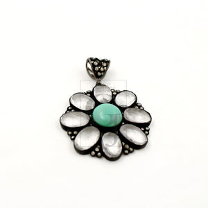 Beautiful Green Chrysoprase Flower Pendant Rosecut Pave Diamond Pendant 925 Sterling Silver Handmade Finish Diamond Necklace Crystal Pendant