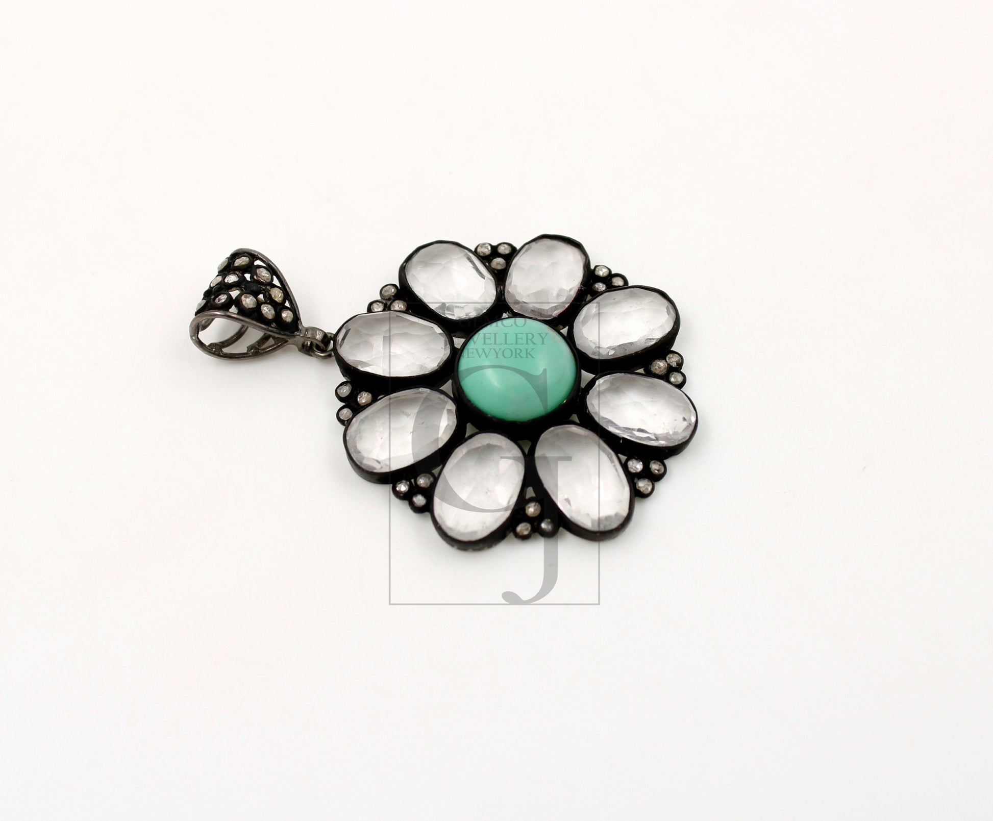 Beautiful Green Chrysoprase Flower Pendant Rosecut Pave Diamond Pendant 925 Sterling Silver Handmade Finish Diamond Necklace Crystal Pendant