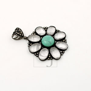 Beautiful Green Chrysoprase Flower Pendant Rosecut Pave Diamond Pendant 925 Sterling Silver Handmade Finish Diamond Necklace Crystal Pendant