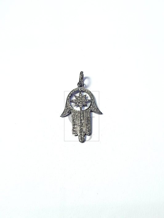 Pave rosecut diamond 925 sterling silver handmade pave diamond setting humsa pendant jewelry