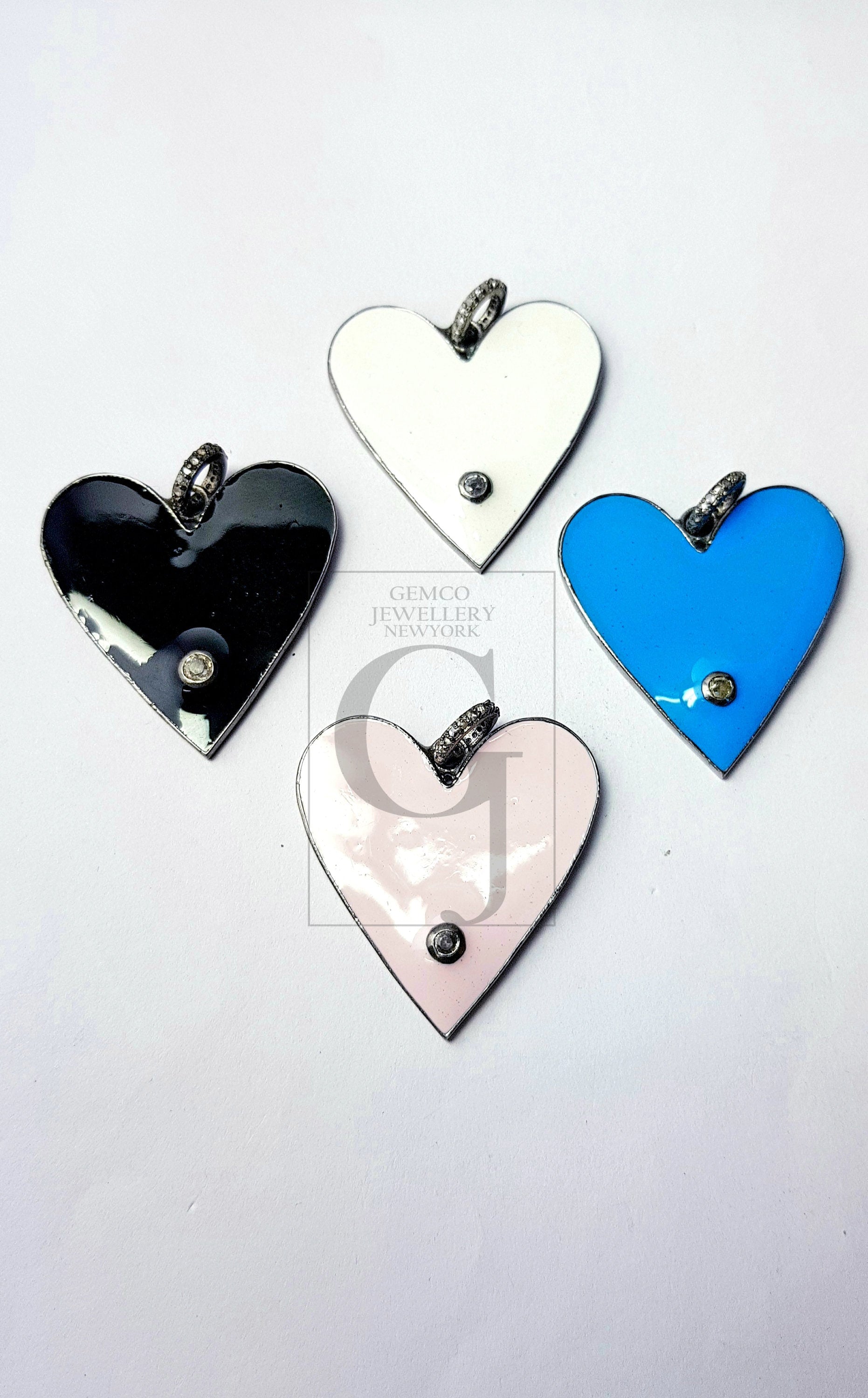 Beautiful Heart Shaped Enameling Designer  Rosecut Pave Diamond Pendant 925 Sterling Silver Handmade Finish Diamond Jewelry Pendant